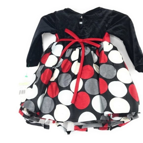 JESSICA ANN Baby Girls 3-6 mos Black Red White Polka Dots Long Sleeve Dress NEW - Picture 5 of 7